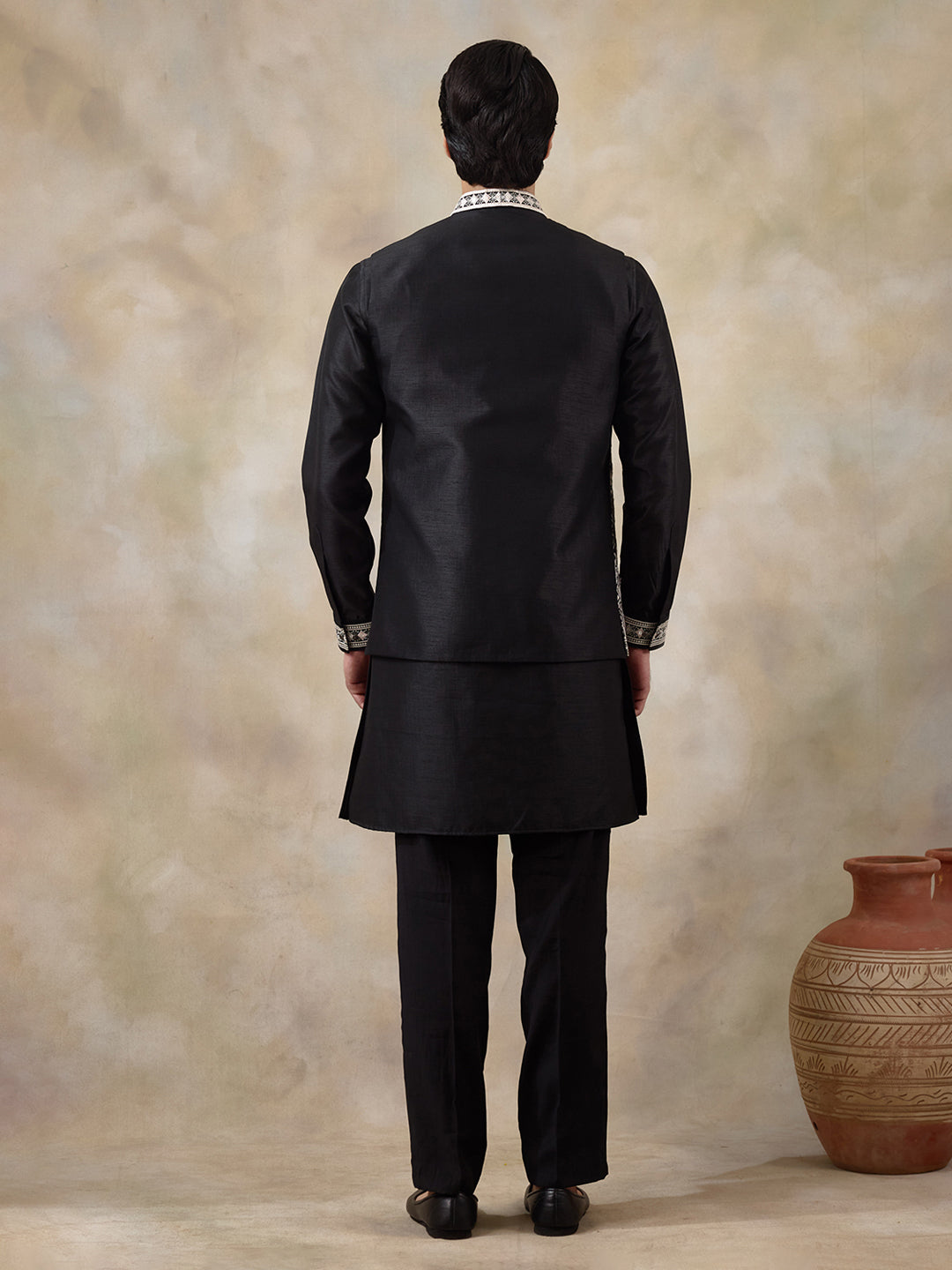 Classic Black Geometric Embroidered Men's Kurta Set with Long Jacket