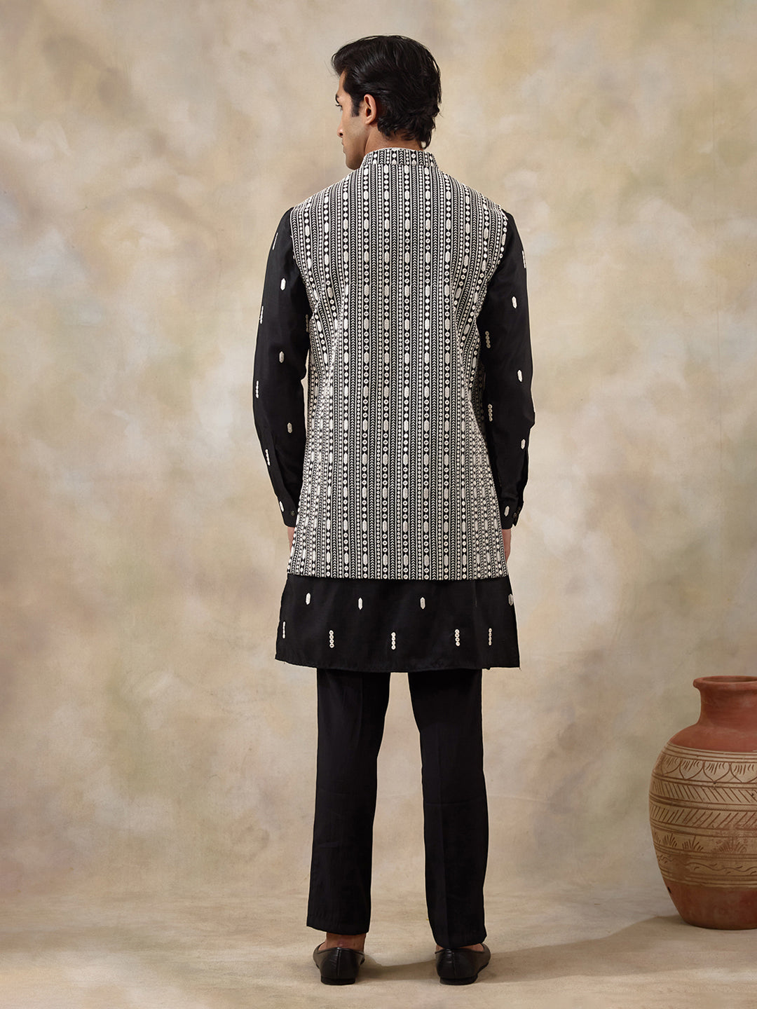 Black Chikankari Embroidered Men's Kurta Set with Long Jacket