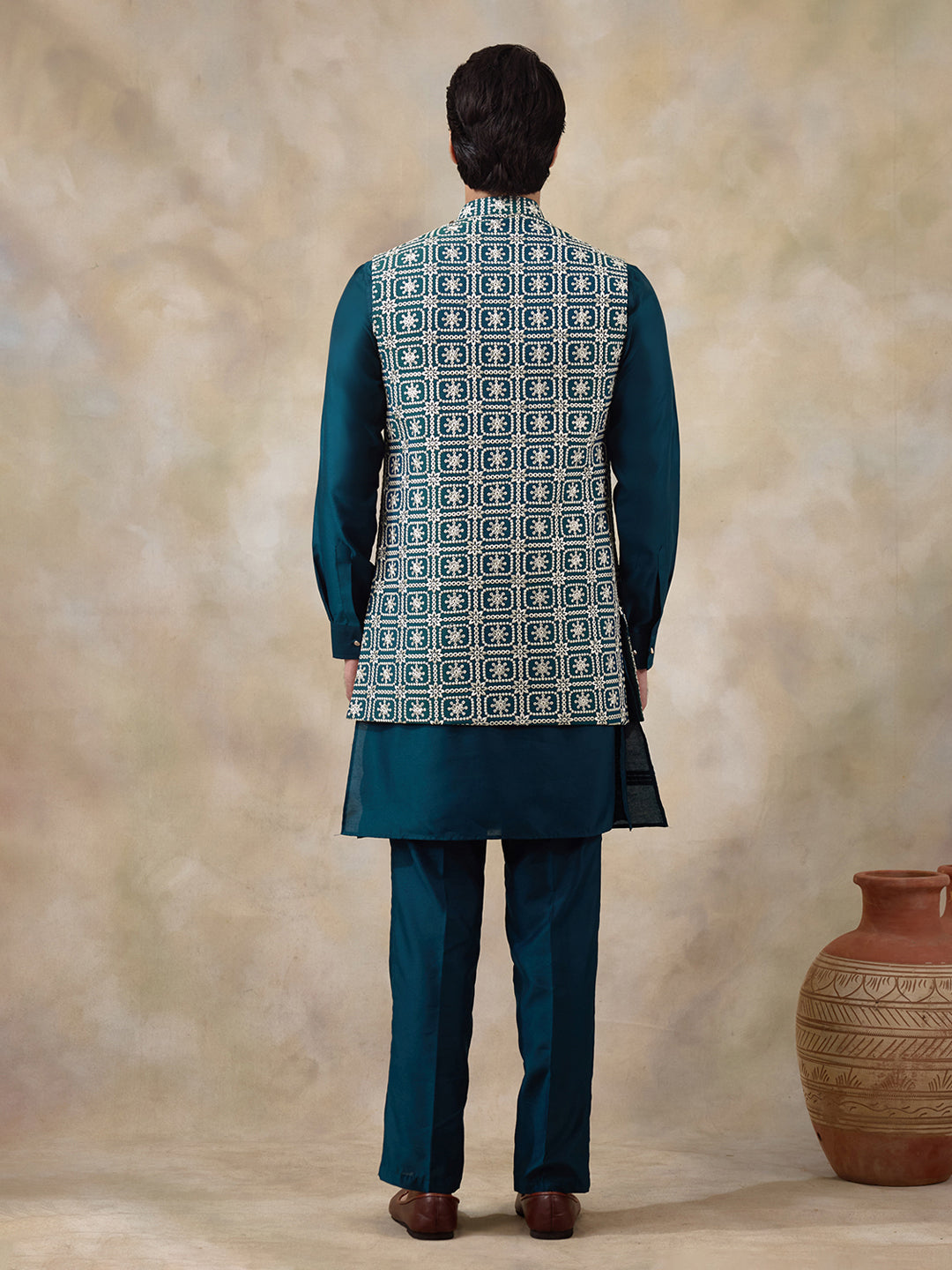 Elegant Turquoise Embroidered Men's Kurta Set with Long Jacket