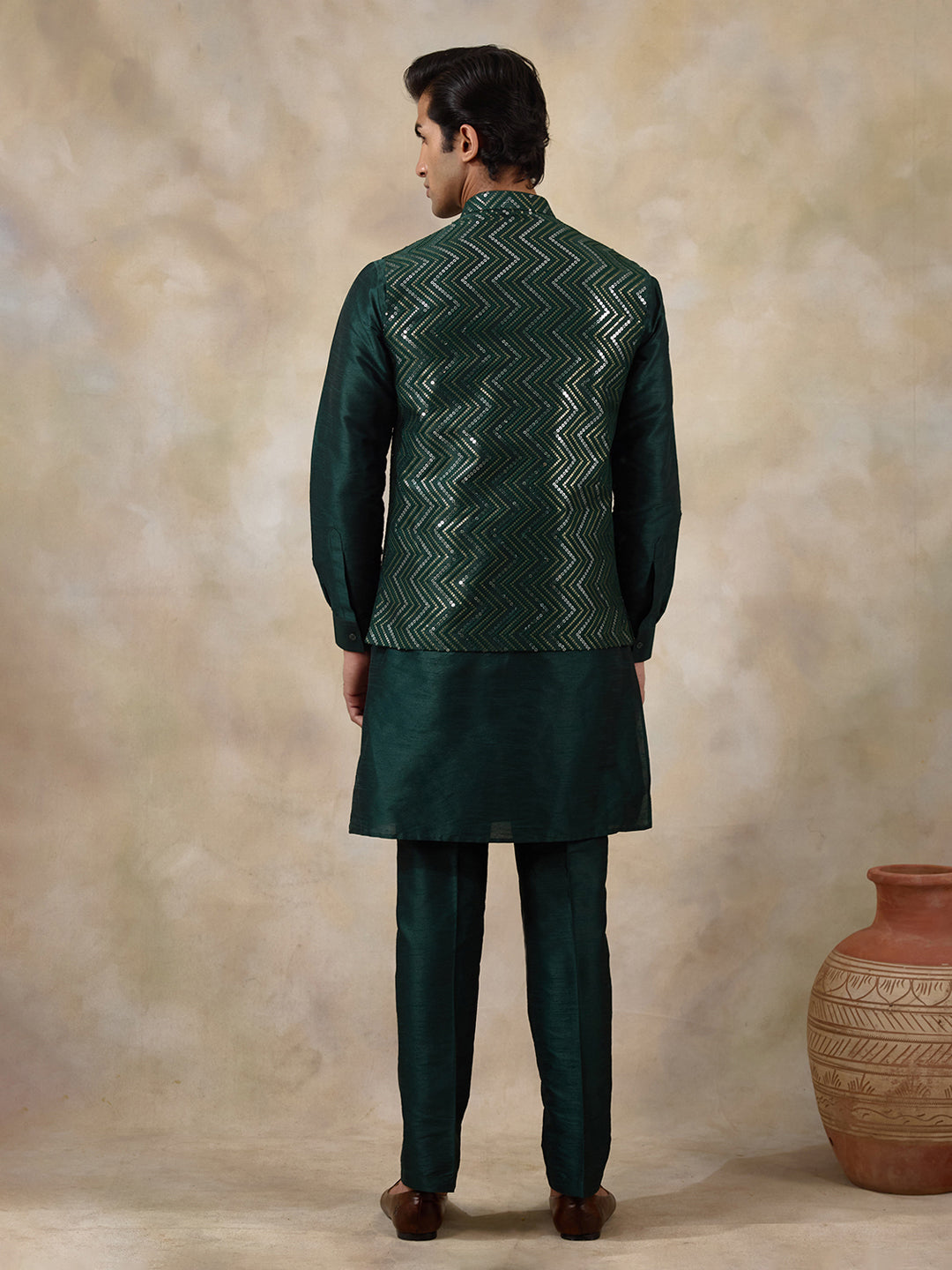 Bottle Green Sequinned Men's Kurta Set