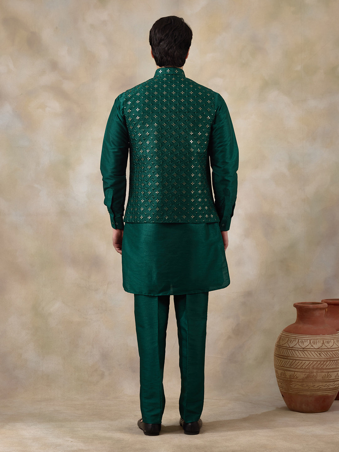 Bottle Green Motifs Sequinned Men's Kurta Set