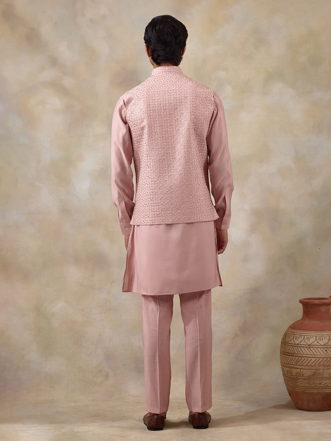 Peachy Peach Embroidered Men's Kurta Set