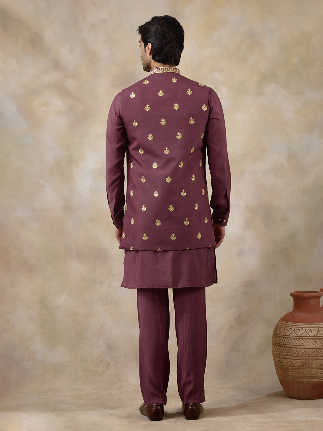 Royal Purple Aari Embroidered Men's Kurta Set with Long Jacket