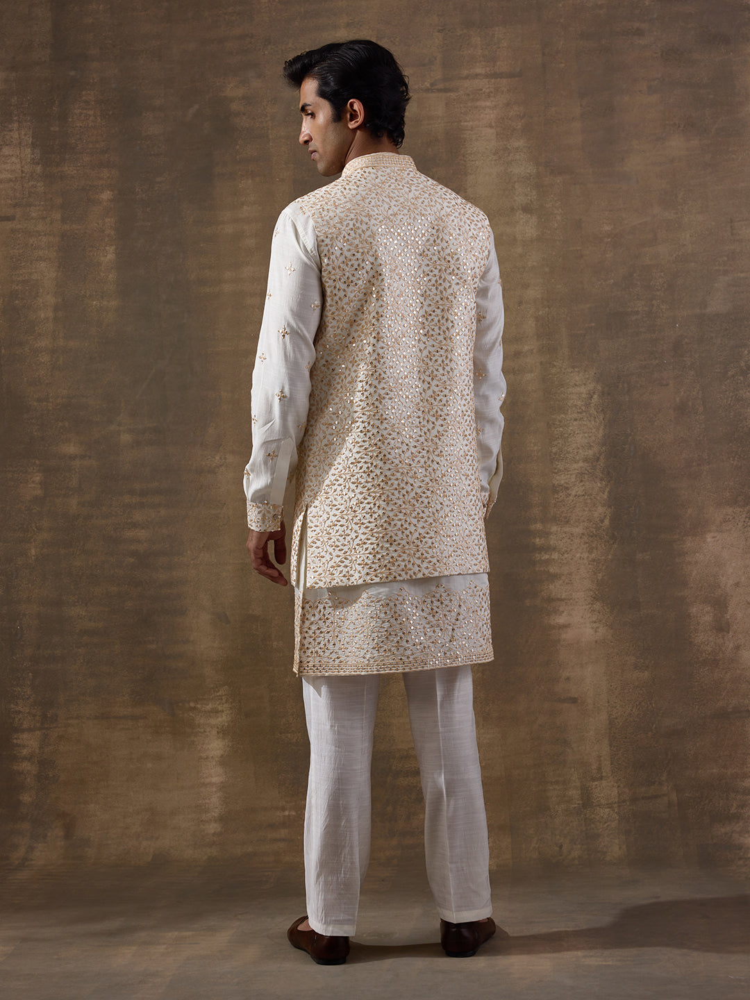 Starry White Mirrored Men's Kurta Set with Long Jacket