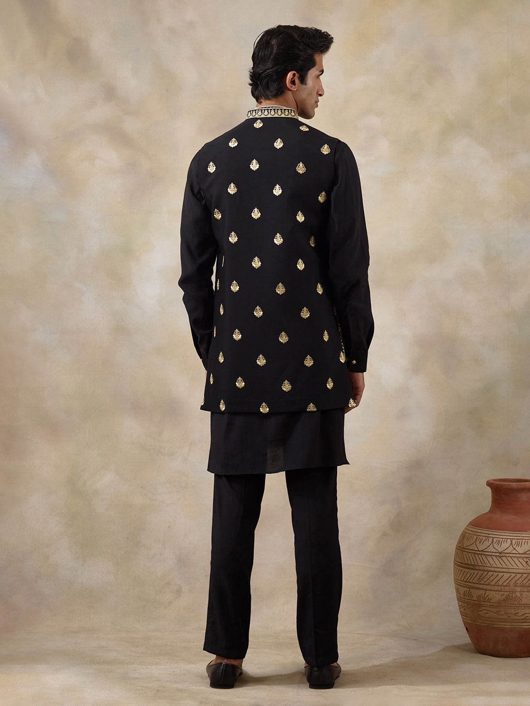 Royal Black Aari Embroidered Men's Kurta Set with Long Jacket