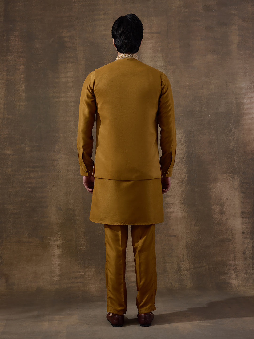 Deep Mustard Temple Embroidered Men's Kurta Set with Long Jacket