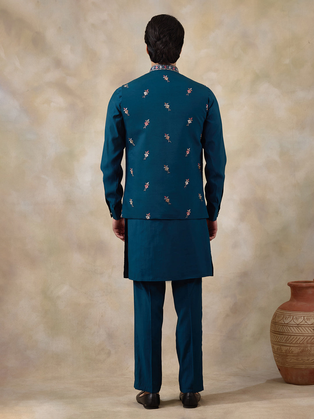 Azure Turquoise Floral Embroidered Men's Kurta Set with Long Jacket