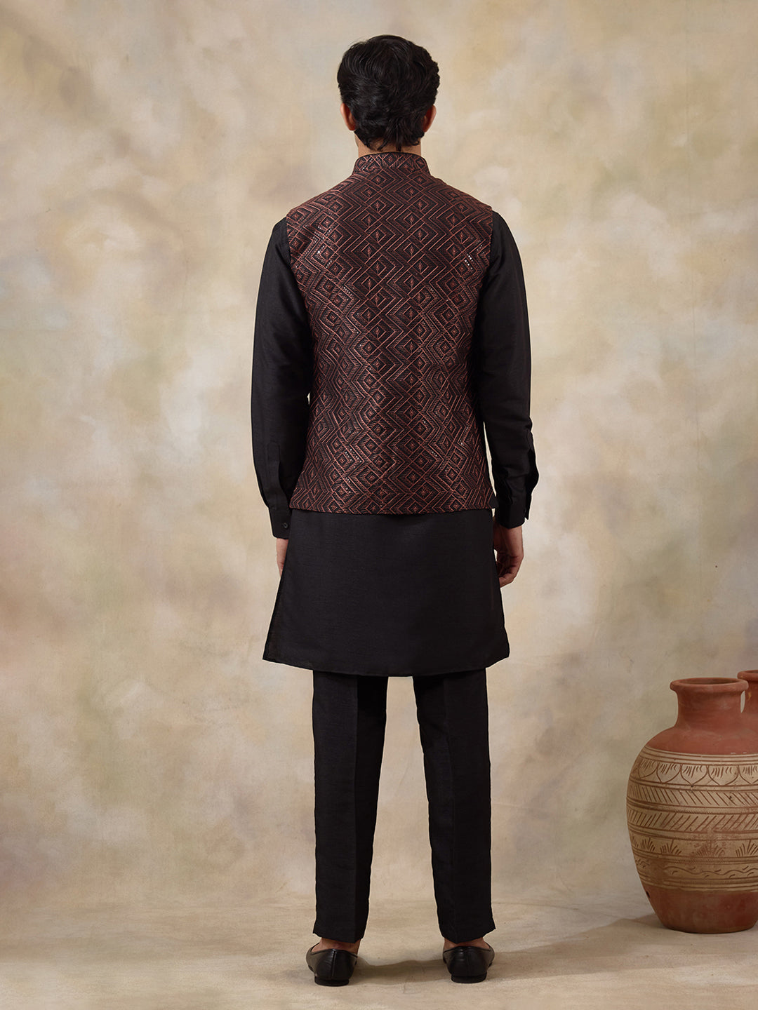 Rust Black Embroidered Men's Kurta Set