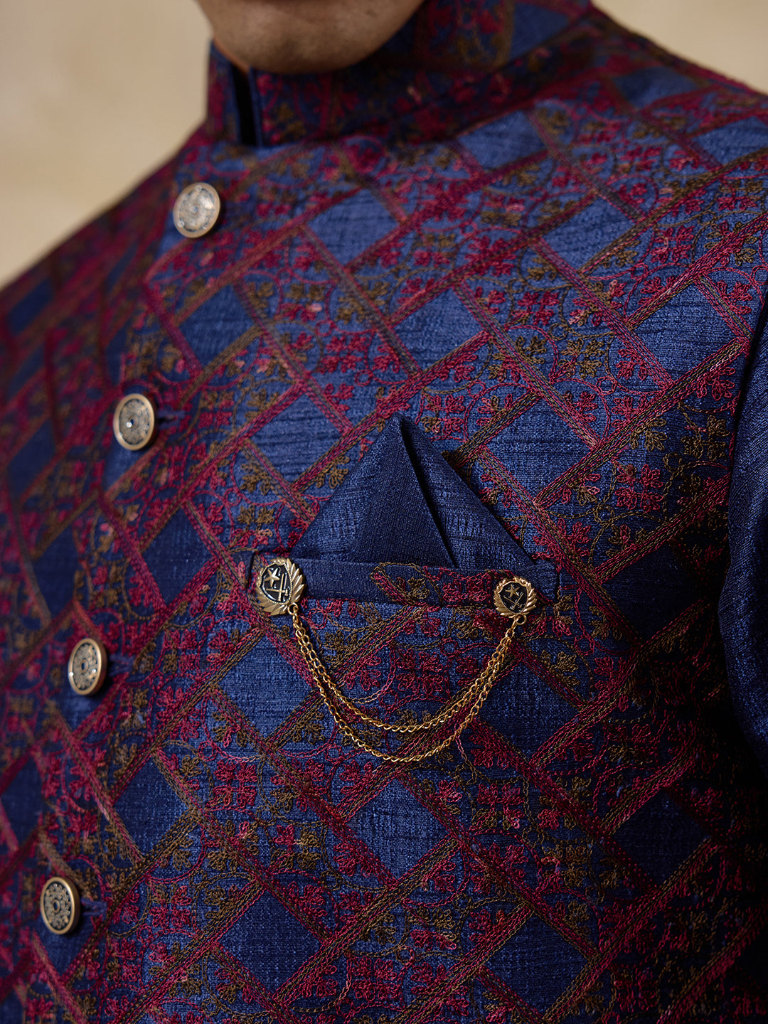 Blue Red Patterned Men's Kurta Set