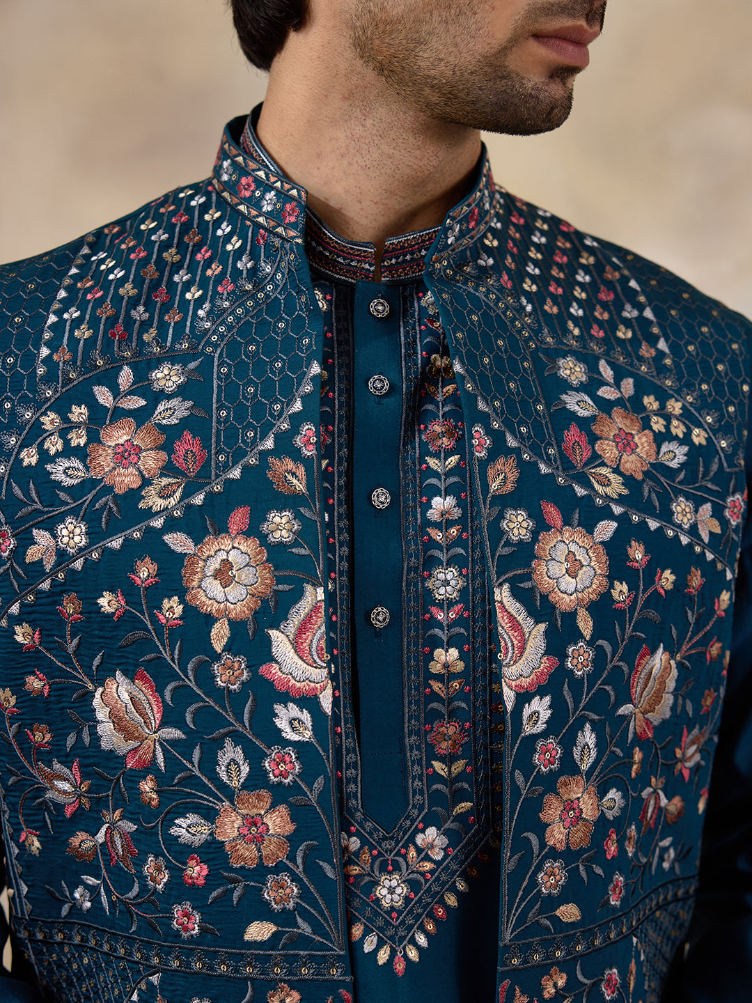 Azure Turquoise Floral Embroidered Men's Kurta Set with Long Jacket