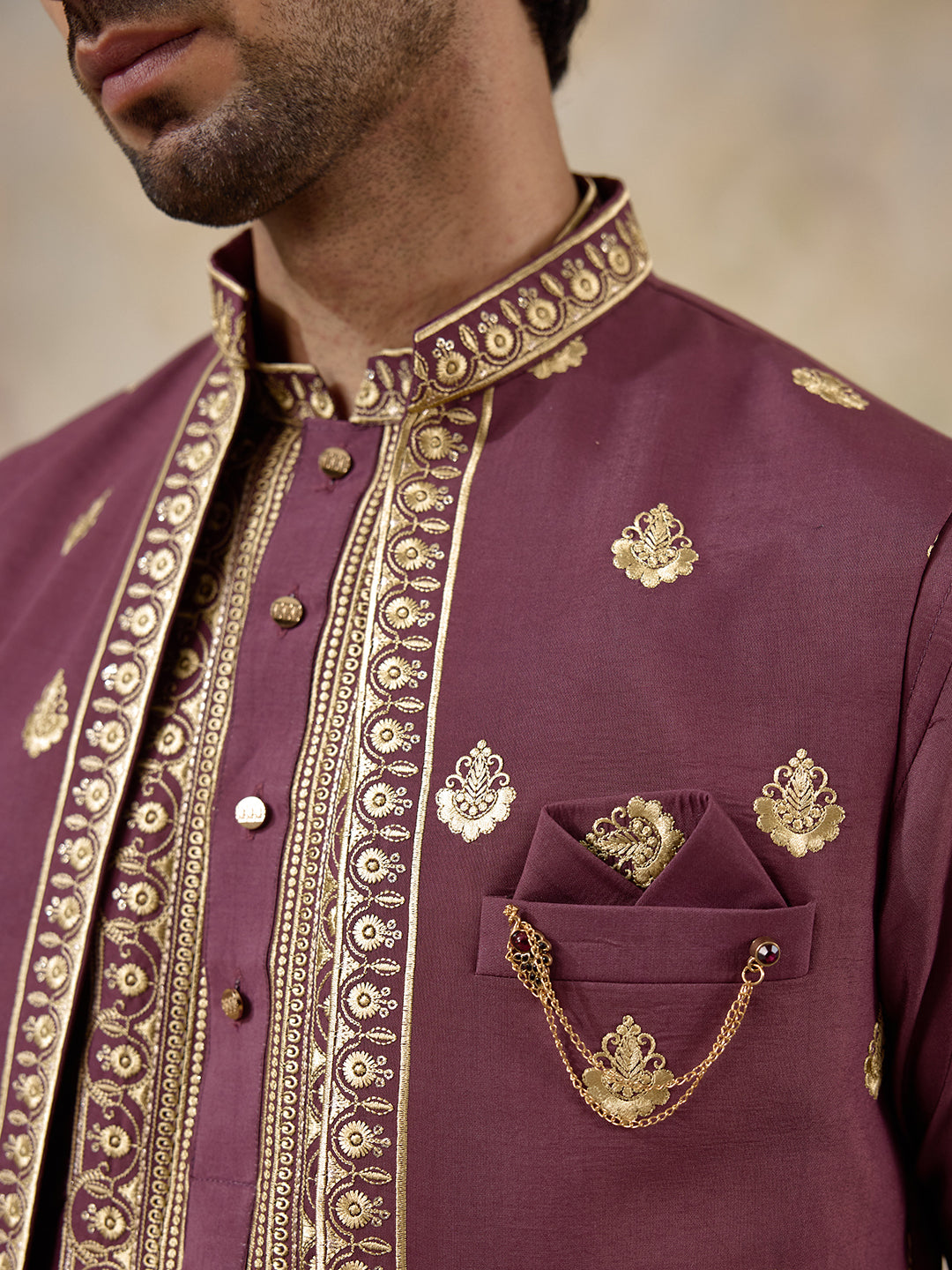 Royal Purple Aari Embroidered Men's Kurta Set with Long Jacket