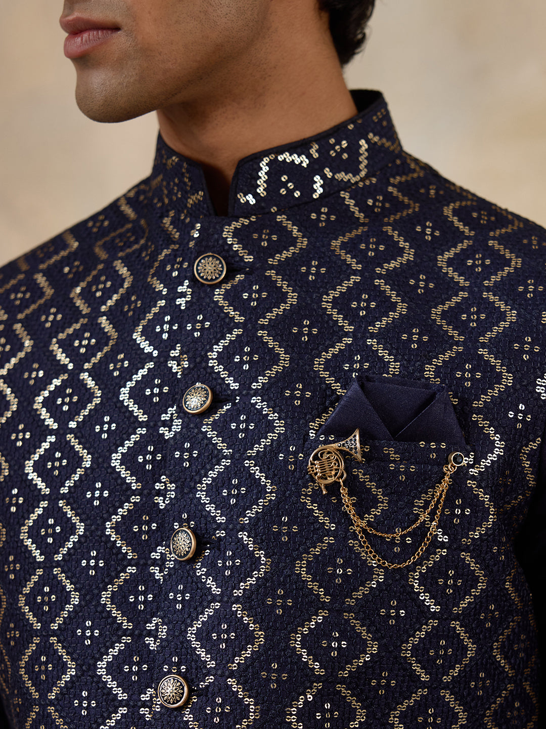 Deep Blue Sequinned Men's Kurta Set