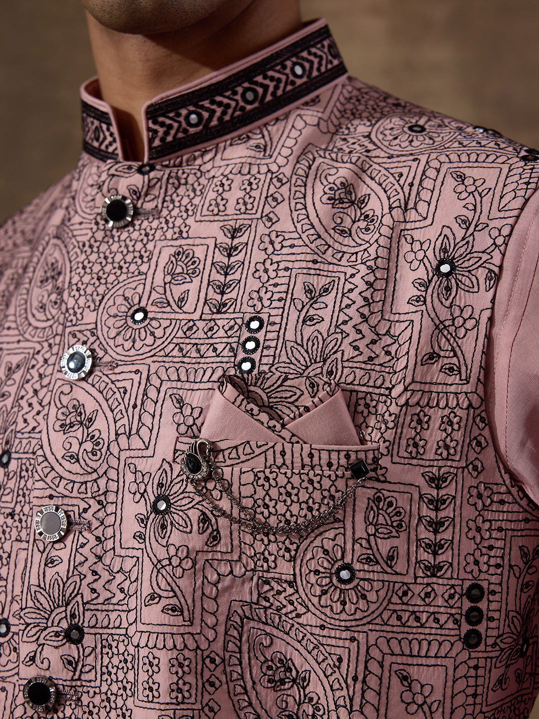 Peach Black Embroidered Men's Kurta Set