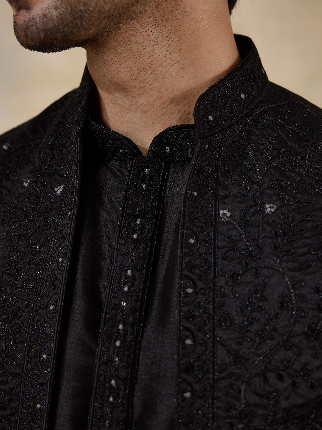 Midnight Black Sequinned Men's Kurta Set with Long Jacket