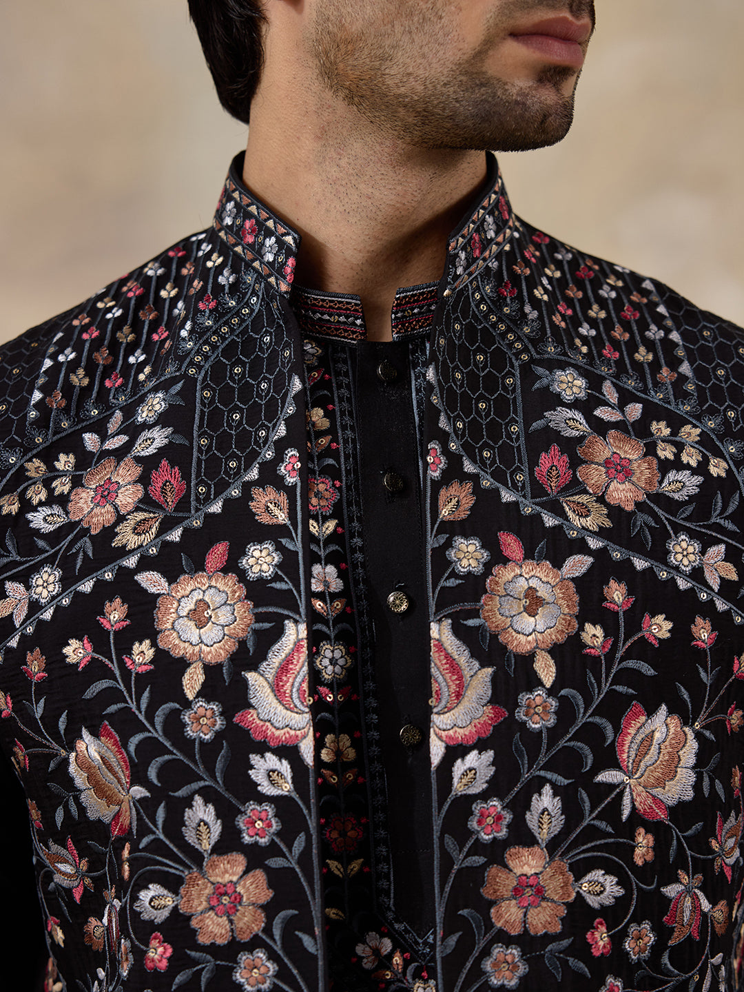 Majestic Black Floral Embroidered Men's Kurta Set with Long Jacket