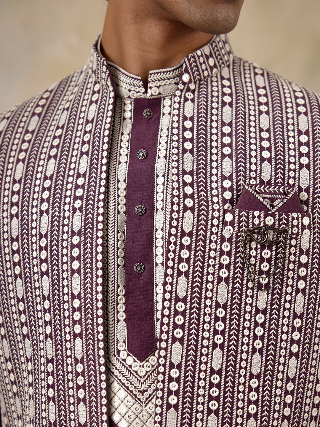 Purple Chikankari Embroidered Men's Kurta Set with Long Jacket
