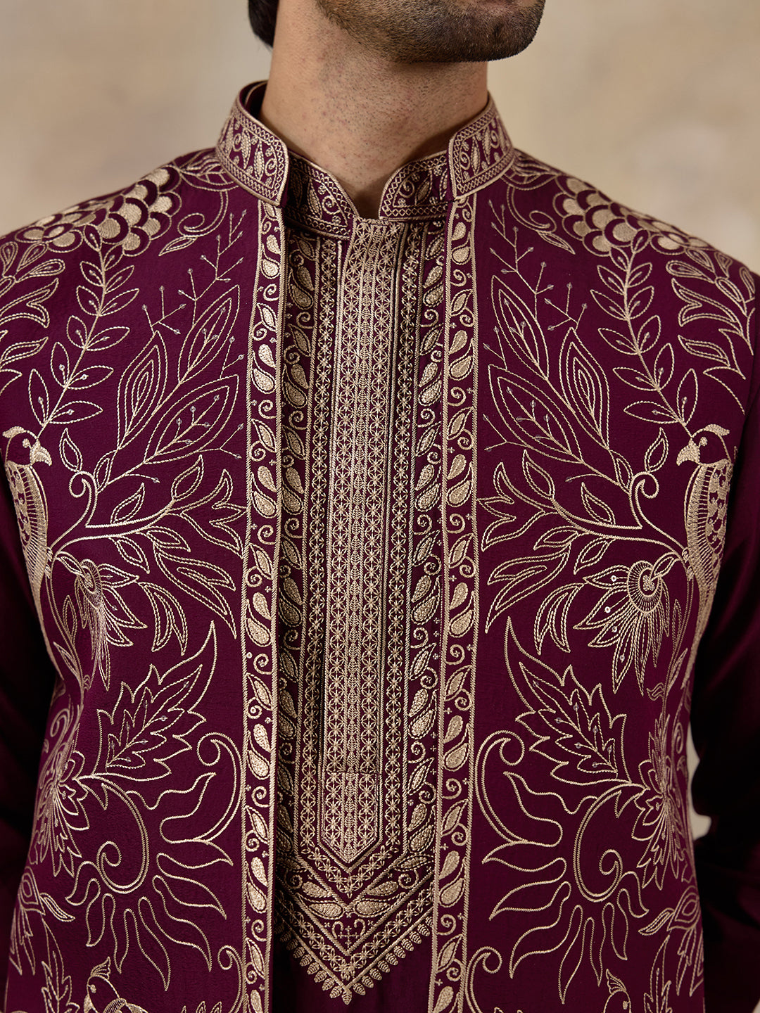 Wine Purple Bird Embroidered Men's Kurta Set with Long Jacket