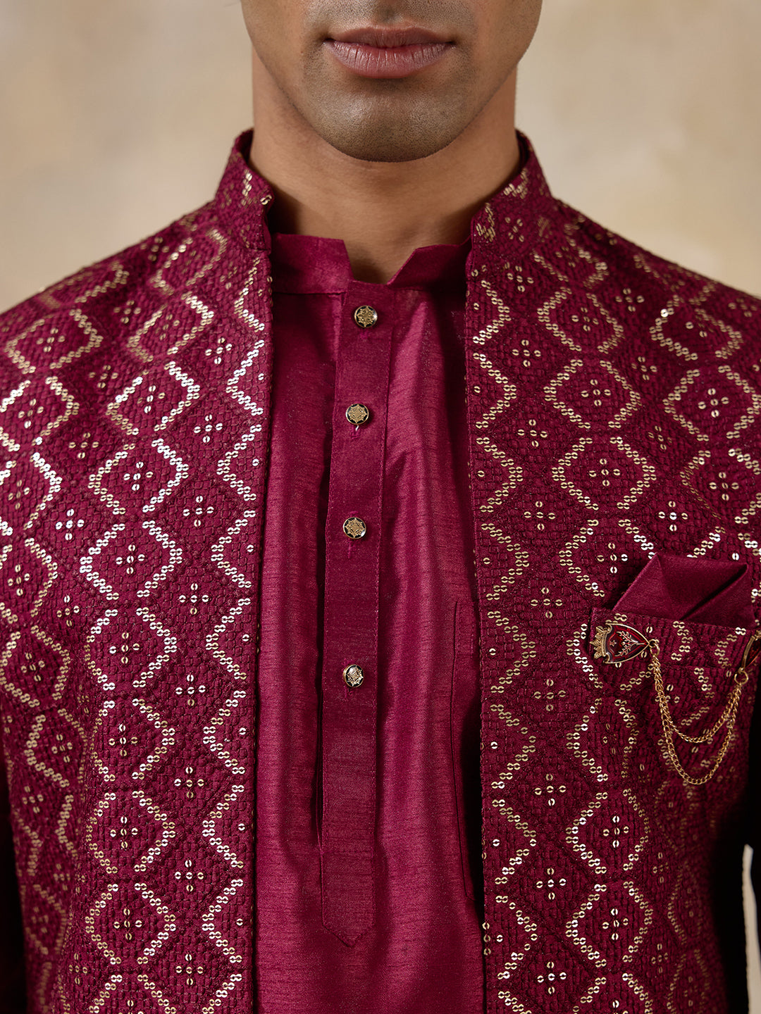 Deep Wine Sequinned Men's Kurta Set with Long Jacket