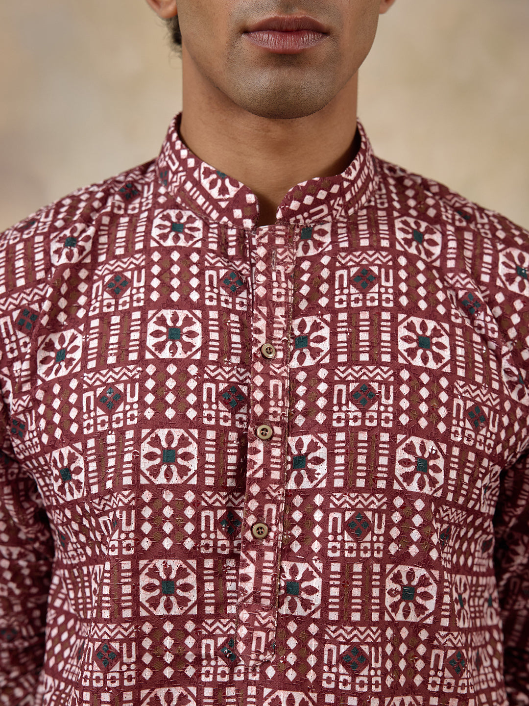Radiant Maroon Batik Printed Men's Kurta