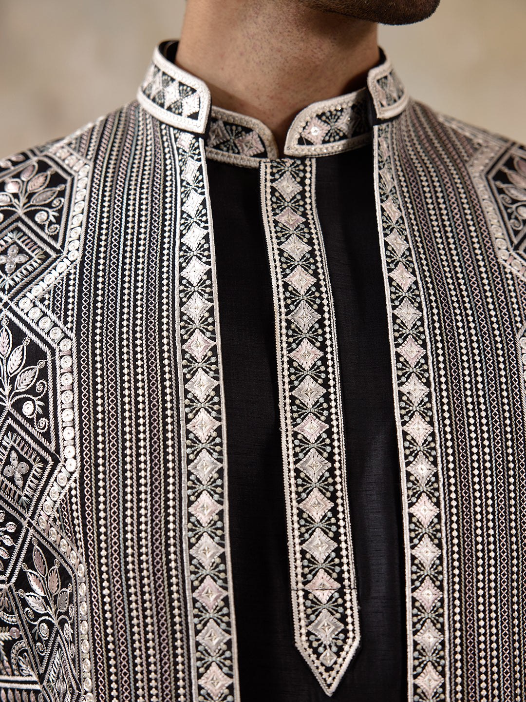 Classic Black Geometric Embroidered Men's Kurta Set with Long Jacket
