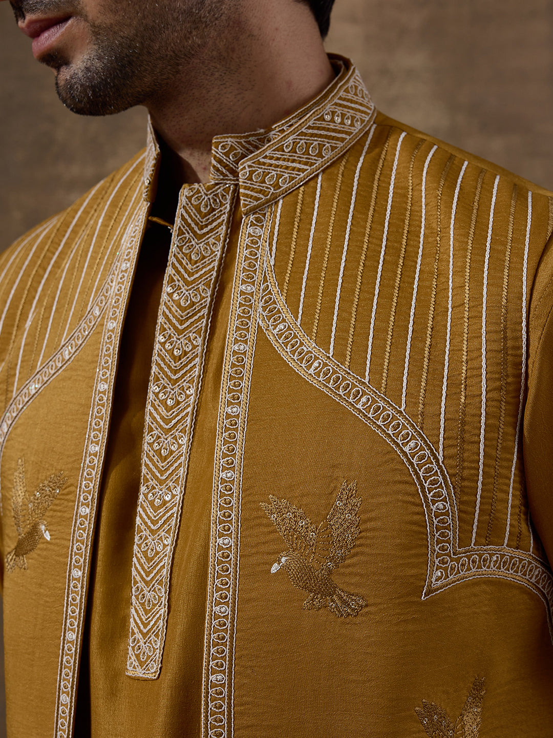 Deep Mustard Temple Embroidered Men's Kurta Set with Long Jacket