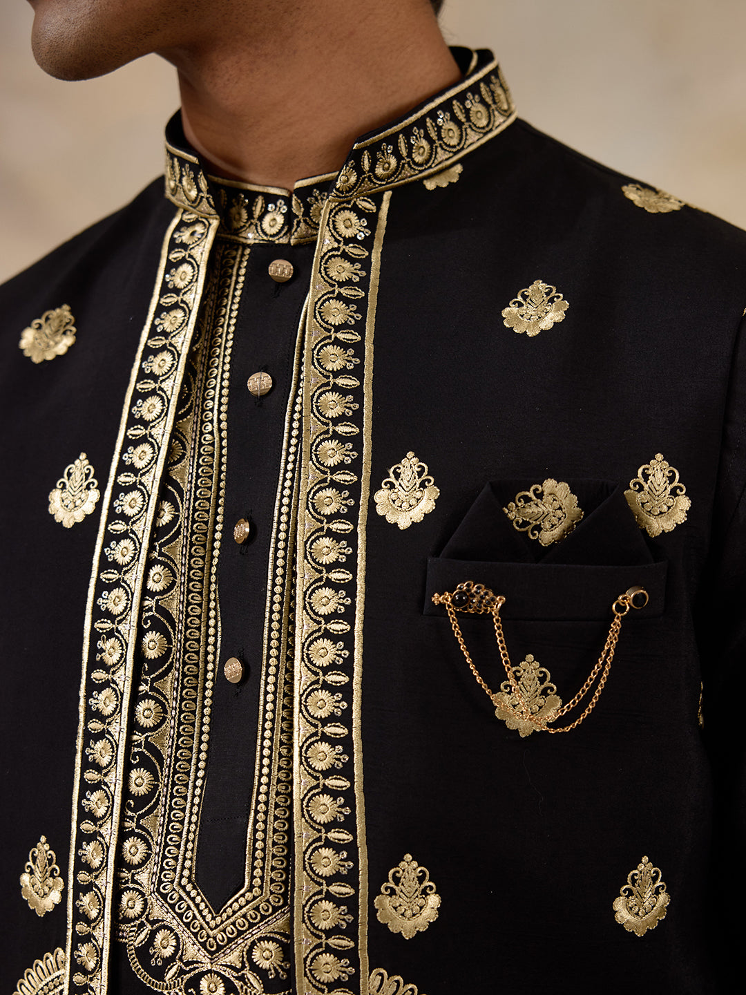 Royal Black Aari Embroidered Men's Kurta Set with Long Jacket