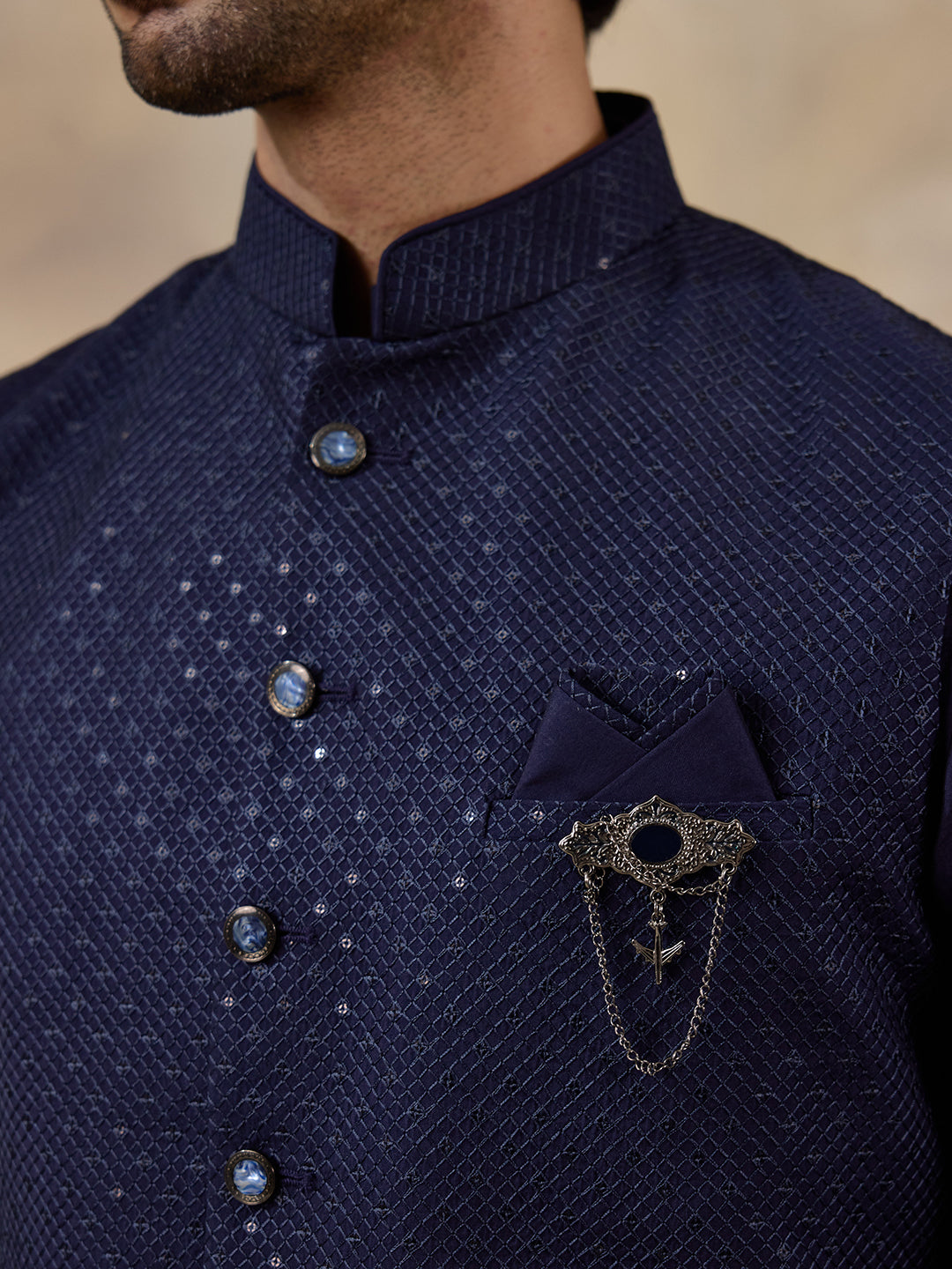 Royal Blue Sequinned Men's Kurta Set