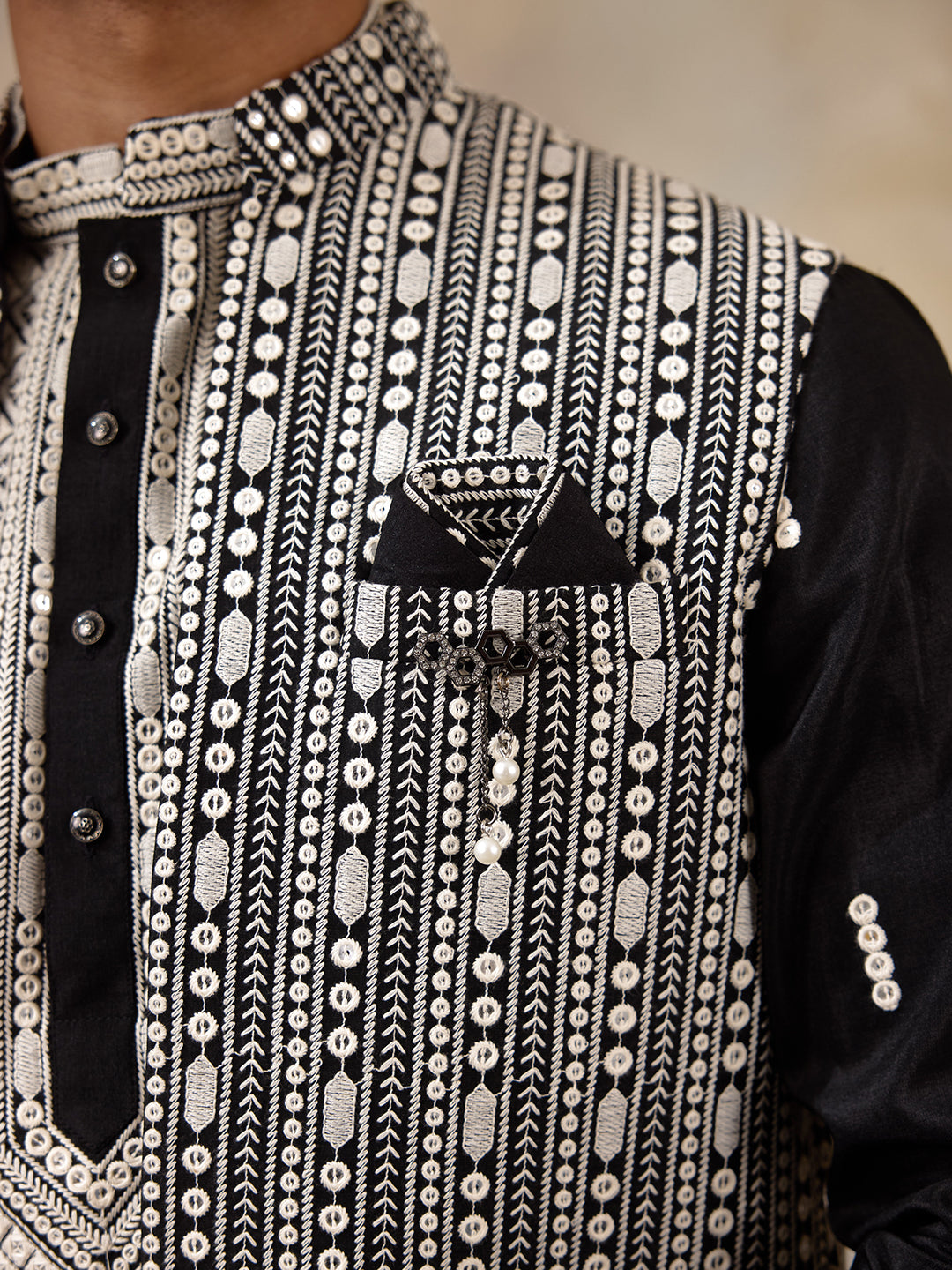 Black Chikankari Embroidered Men's Kurta Set with Long Jacket