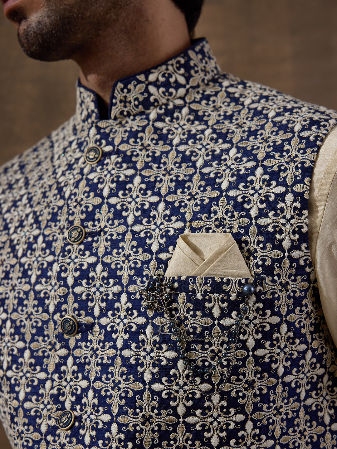 Traditional Motifs Beige Embroidered Men's Kurta Set