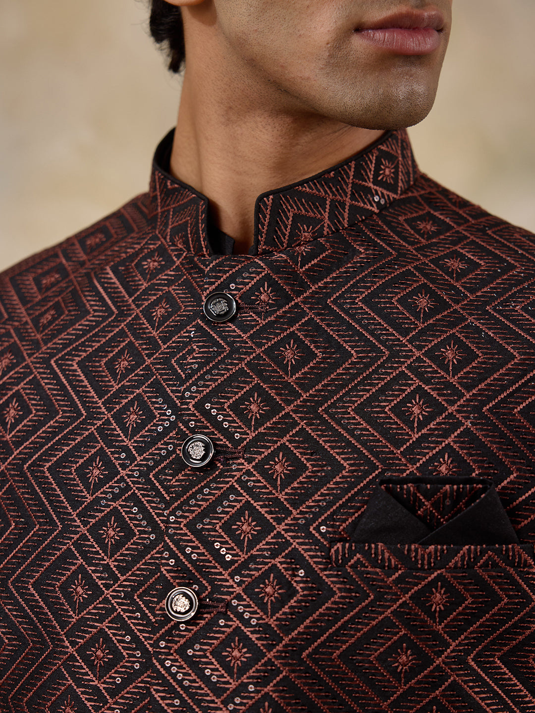 Rust Black Embroidered Men's Kurta Set