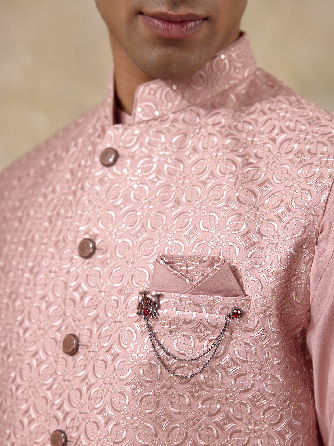 Peachy Peach Embroidered Men's Kurta Set