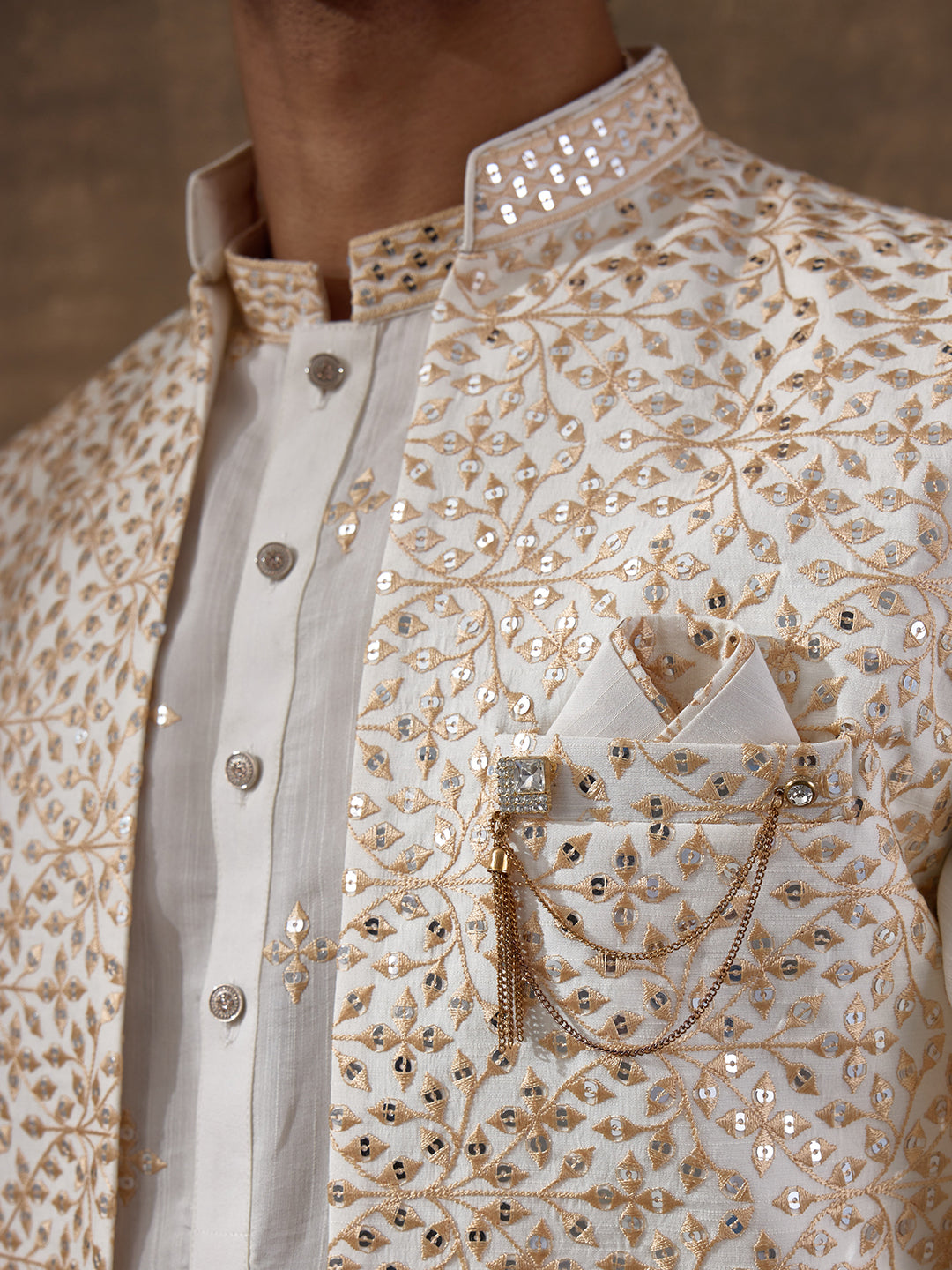Starry White Mirrored Men's Kurta Set with Long Jacket