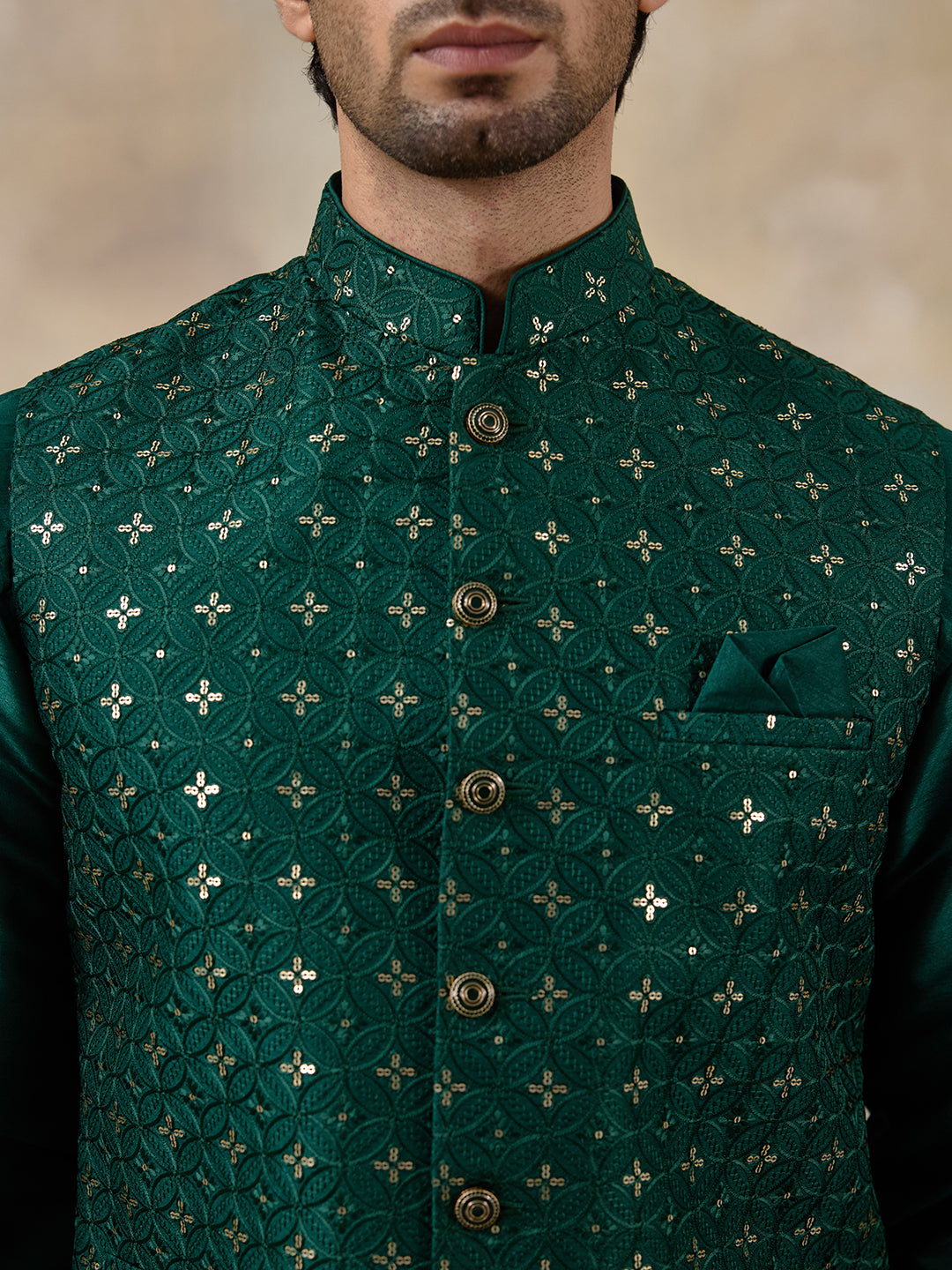 Bottle Green Motifs Sequinned Men's Kurta Set