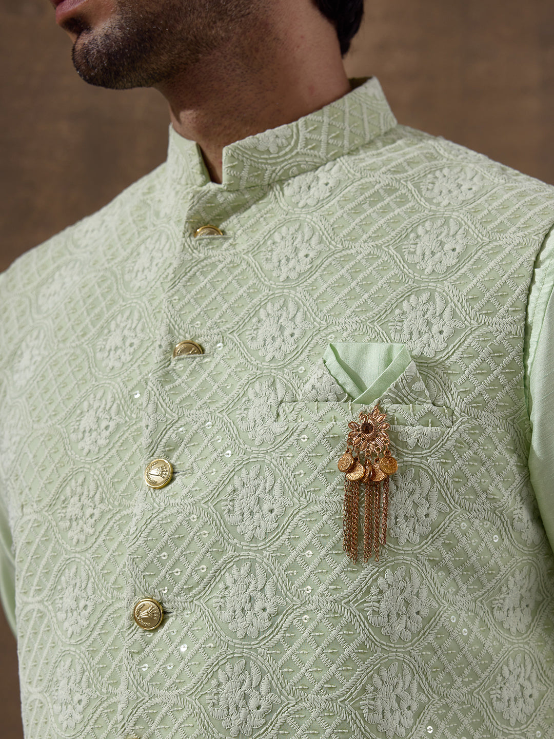 Pastel Green Motifs Embroidered Men's Kurta Set