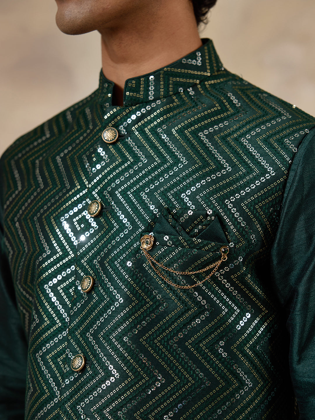 Bottle Green Sequinned Men's Kurta Set