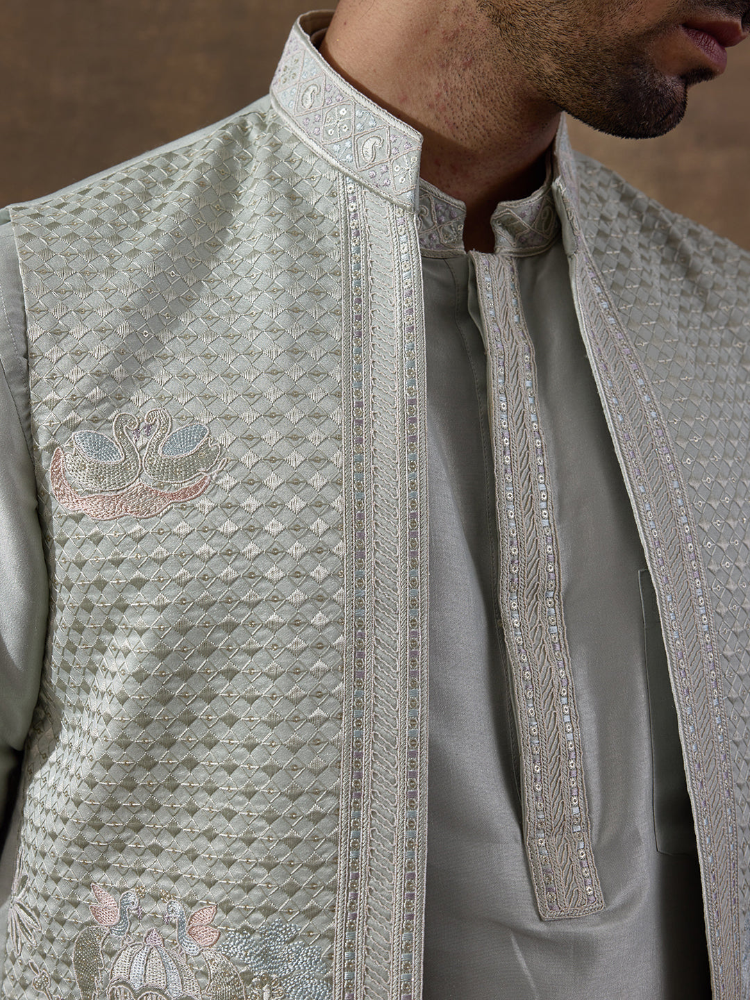 Pastel Green Elephant Motifs Embroidered Men's Kurta Set with Long Jacket