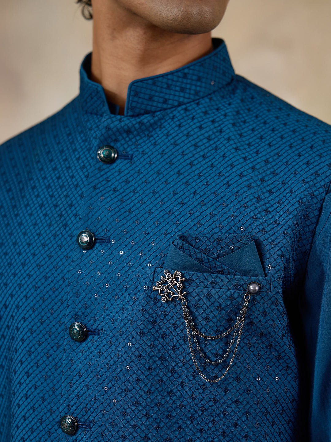 Azure Blue Sequinned Men's Kurta Set