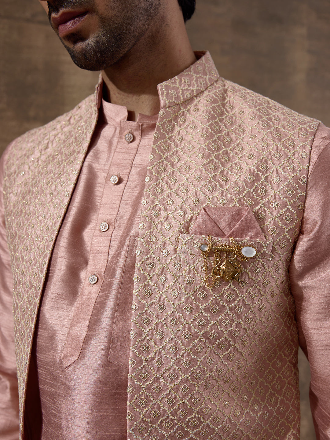 Pastel Pink Sequinned Men's Kurta Set with Long Jacket