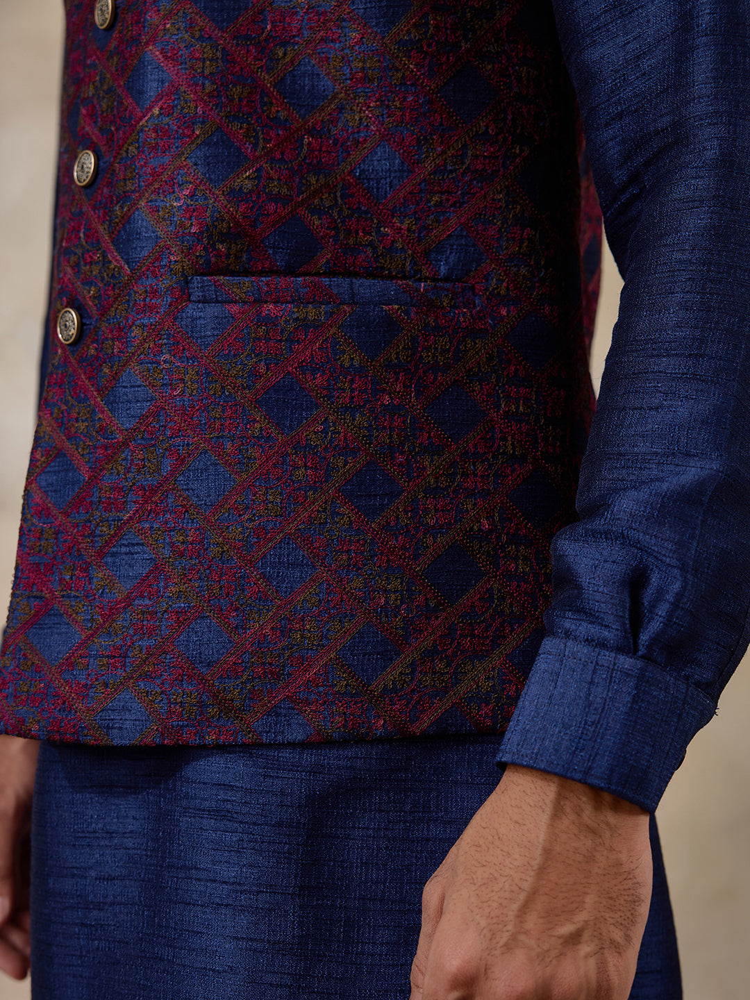 Blue Red Patterned Men's Kurta Set