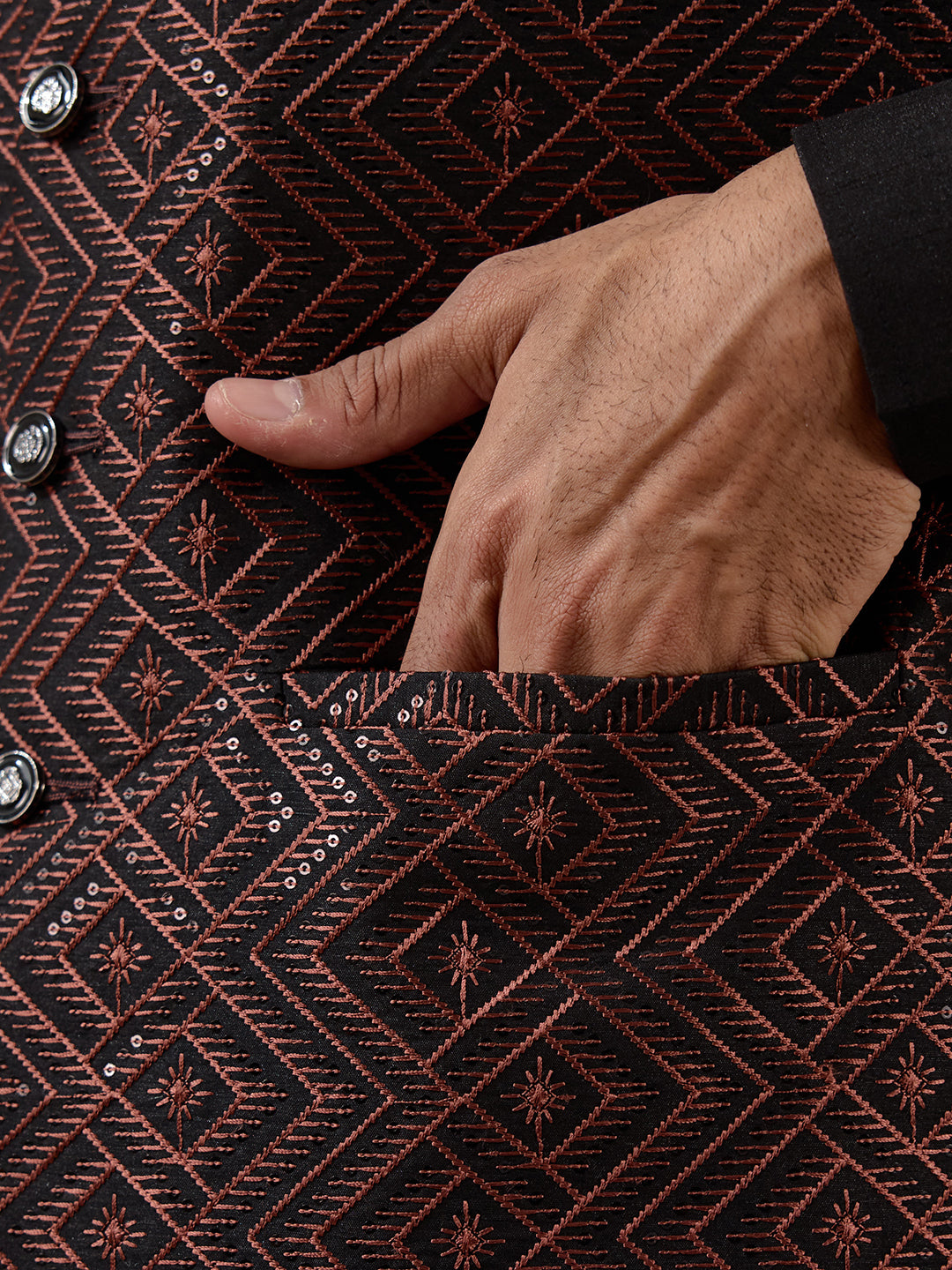 Rust Black Embroidered Men's Kurta Set