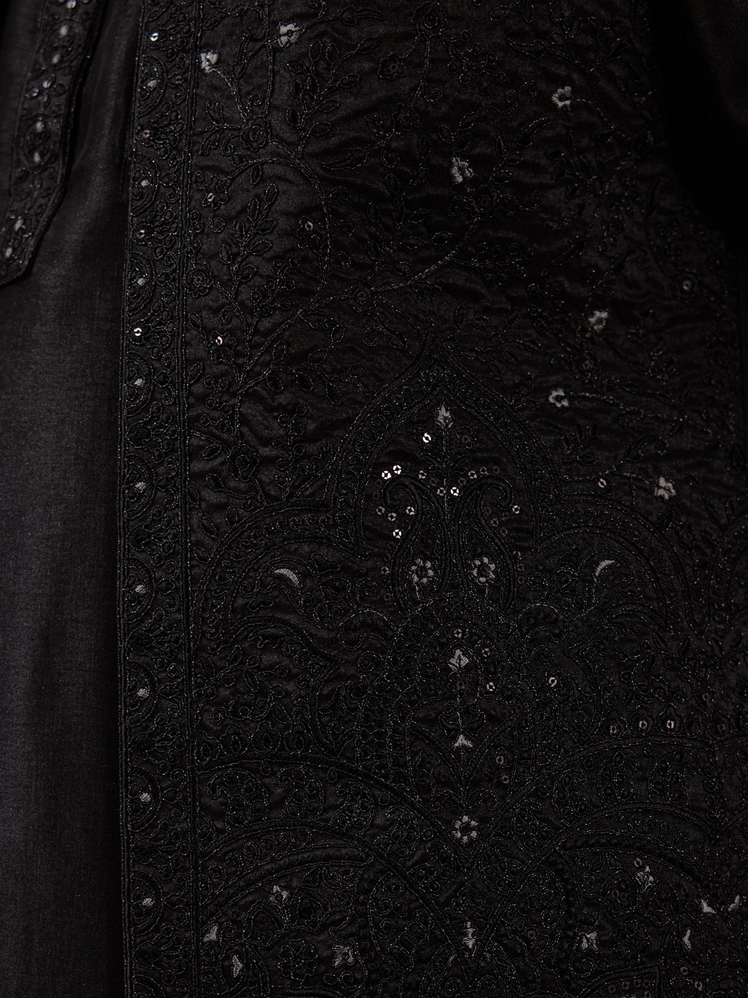 Midnight Black Sequinned Men's Kurta Set with Long Jacket