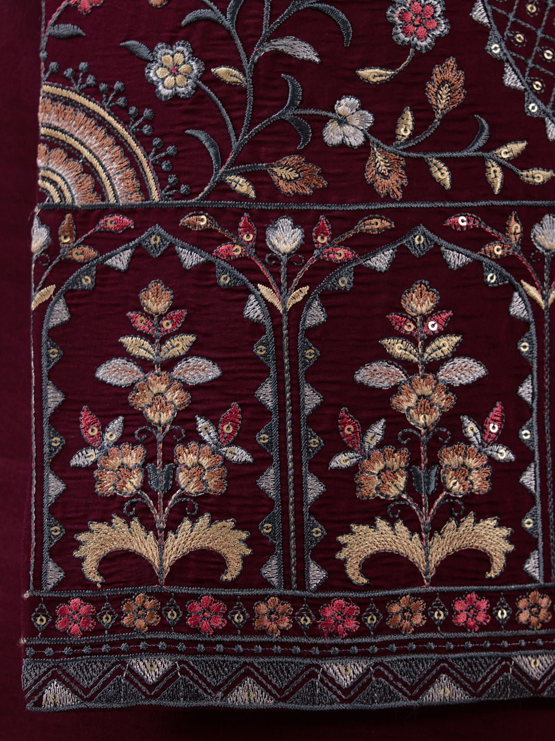 Deep Wine Floral Embroidered Men's Kurta Set with Long Jacket