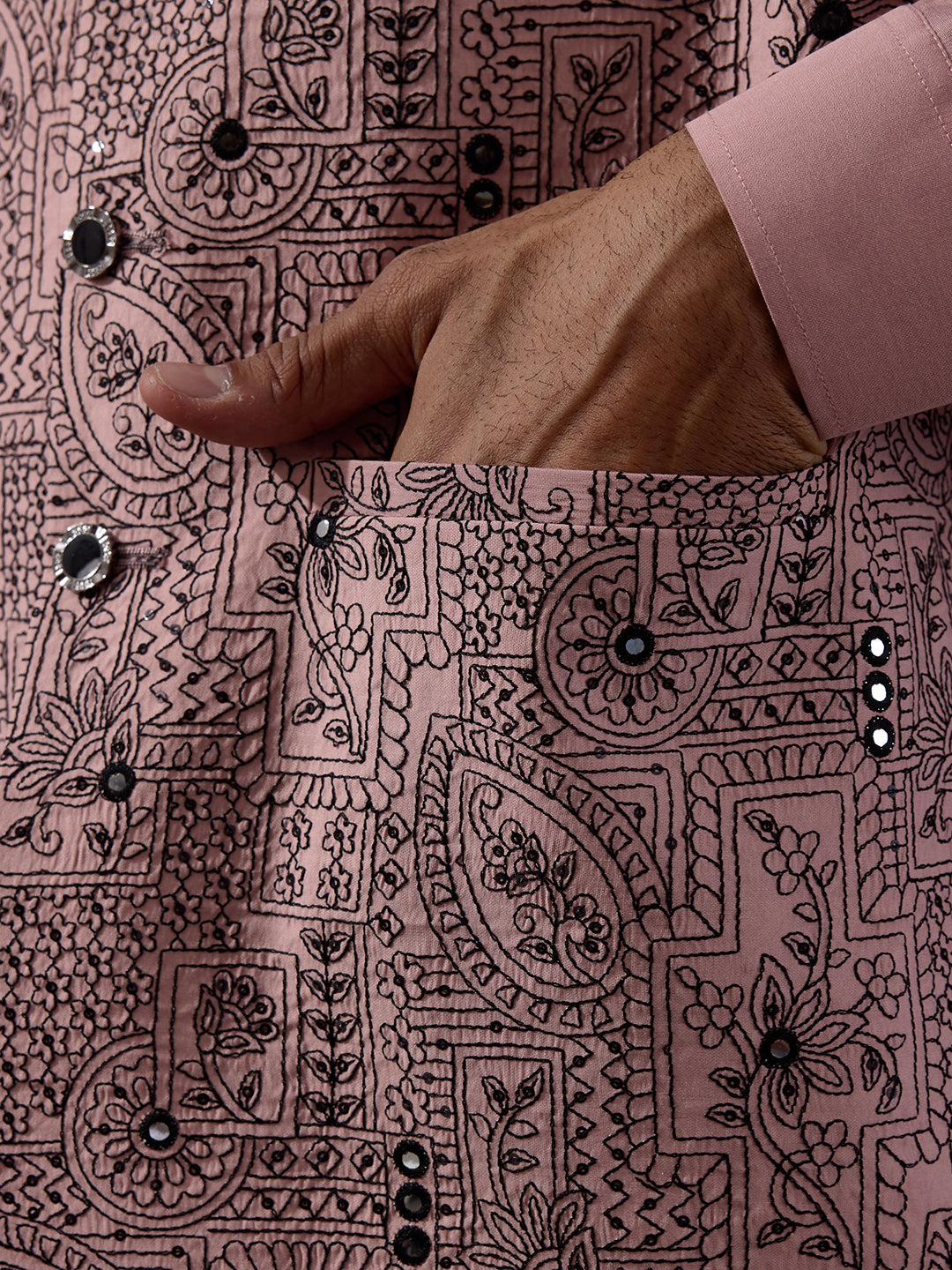 Peach Black Embroidered Men's Kurta Set