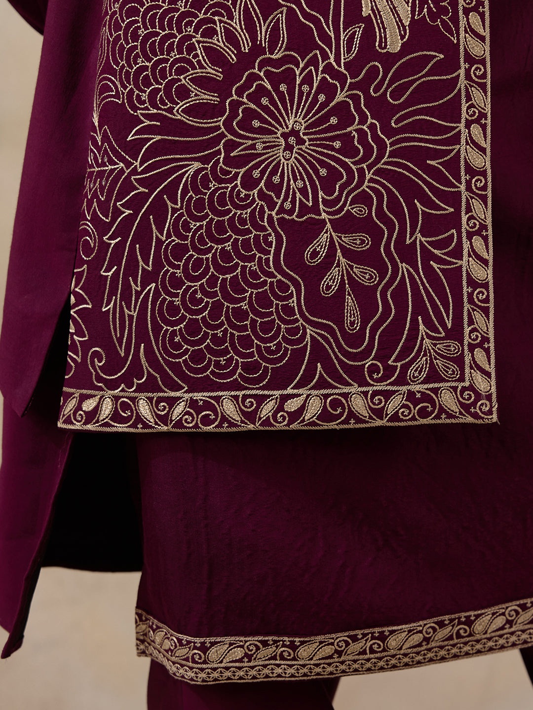 Wine Purple Bird Embroidered Men's Kurta Set with Long Jacket