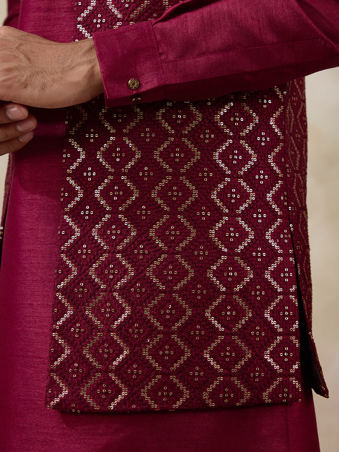 Deep Wine Sequinned Men's Kurta Set with Long Jacket