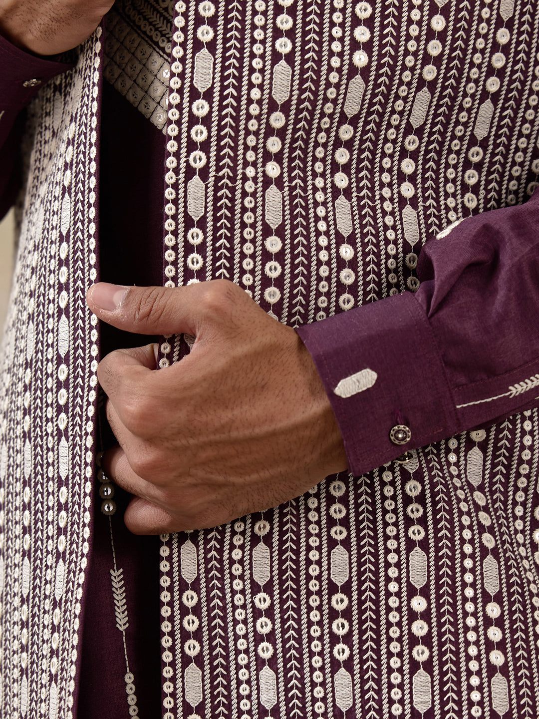 Purple Chikankari Embroidered Men's Kurta Set with Long Jacket