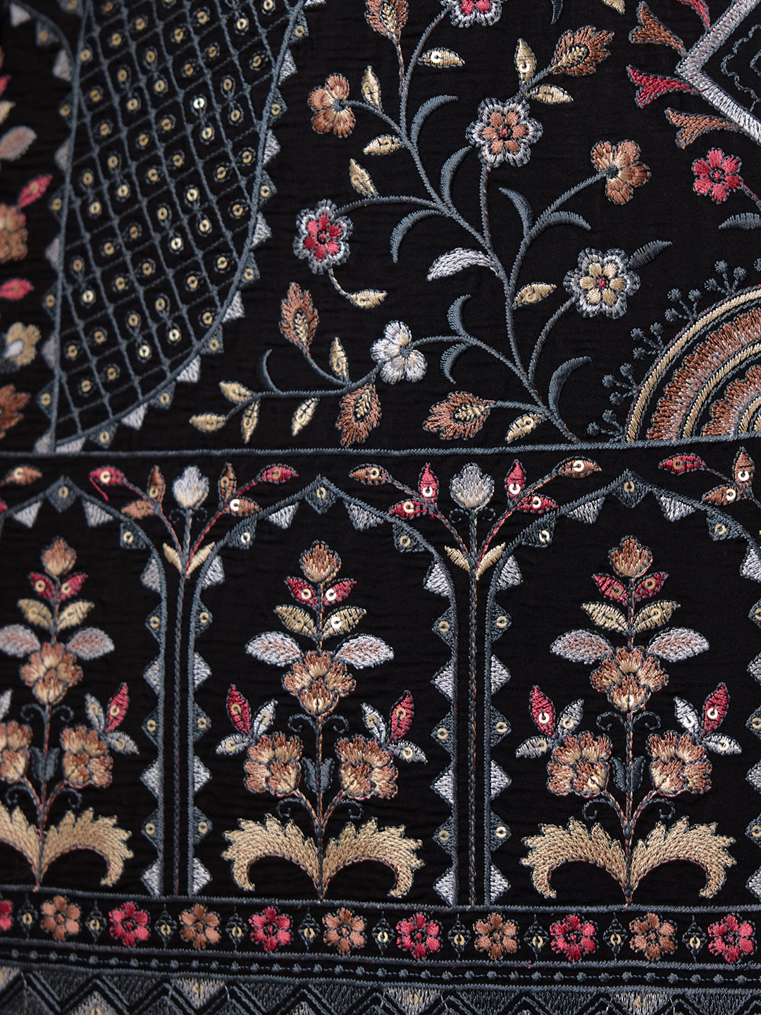 Majestic Black Floral Embroidered Men's Kurta Set with Long Jacket