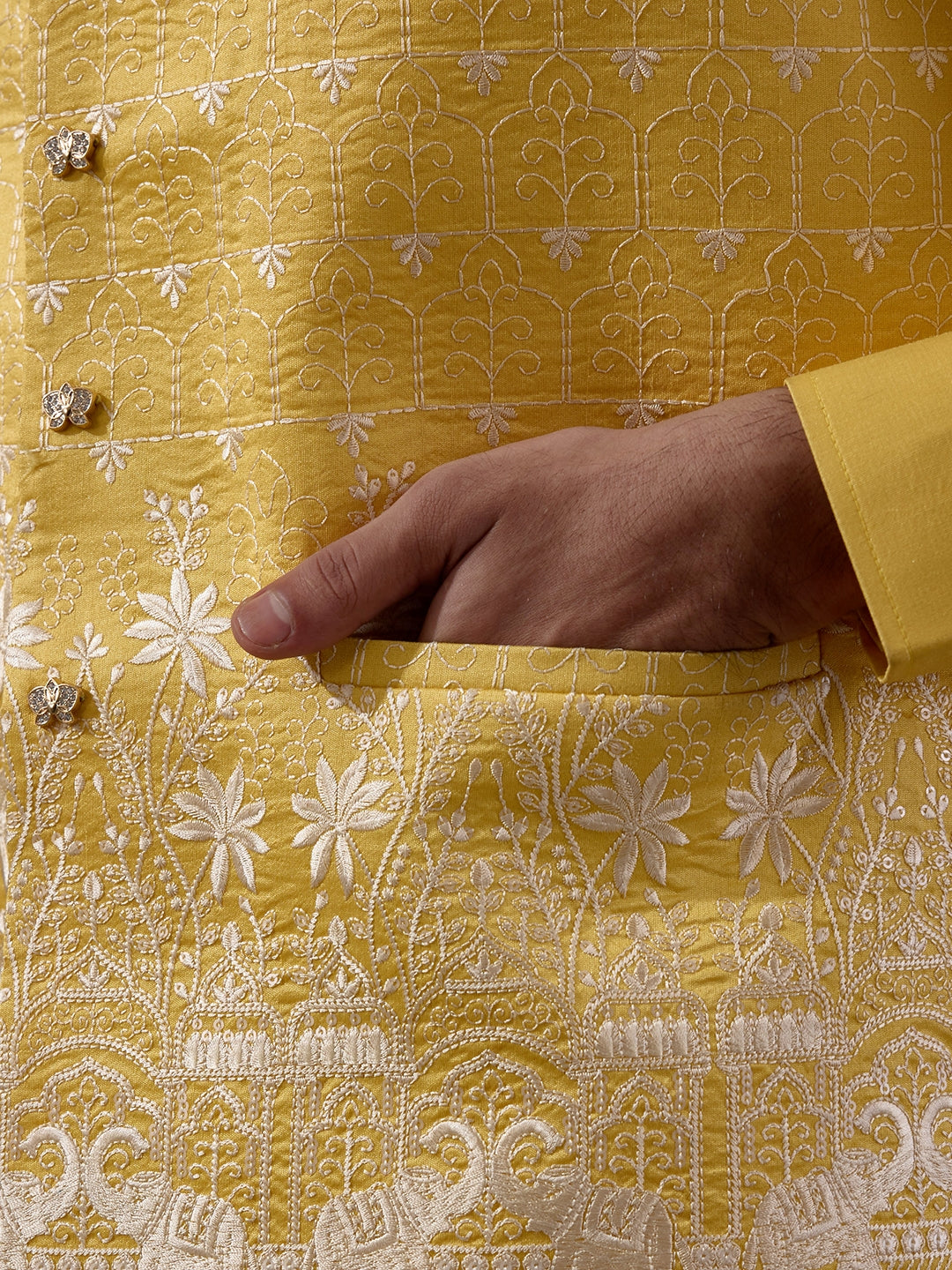 Temple Yellow Embroidered Men's Kurta Set