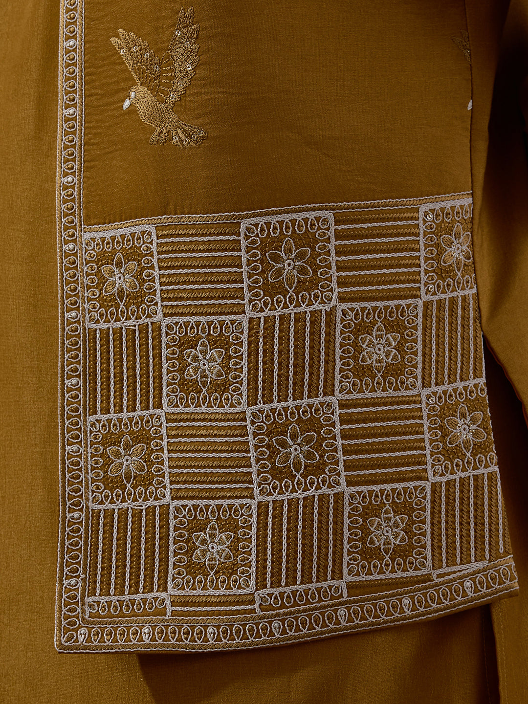 Deep Mustard Temple Embroidered Men's Kurta Set with Long Jacket