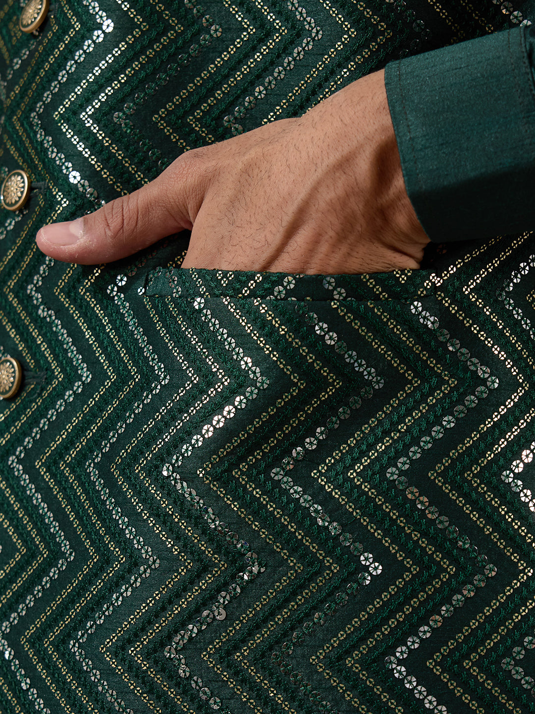 Bottle Green Sequinned Men's Kurta Set